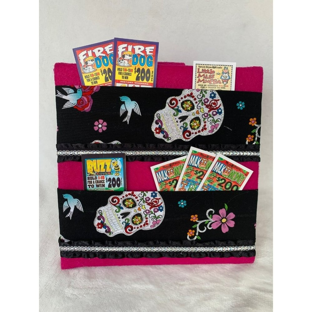Bingo pull tab tip jar ticket holder caddy skull candy design magenta background